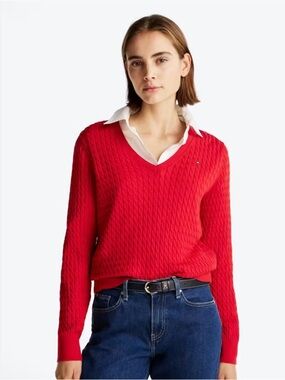 Tommy Hilfiger Red Cable-Knit V-Neck Sweater